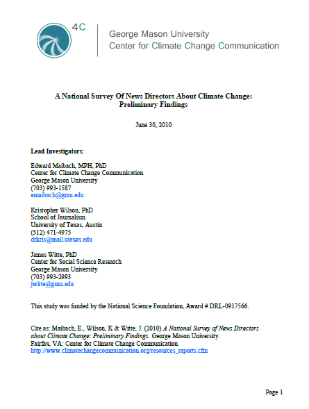 Preliminary Findings of a National Survey of News Directors about Climate Change: June 2010