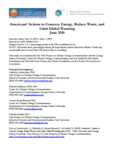 Americans’ Actions to Conserve Energy, Reduce Waste, and Limit Global Warming: June 2010