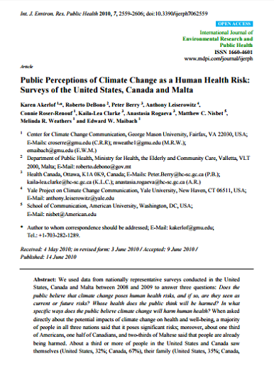 Public Perceptions of Climate Change as a Health Risk: Surveys of the United States